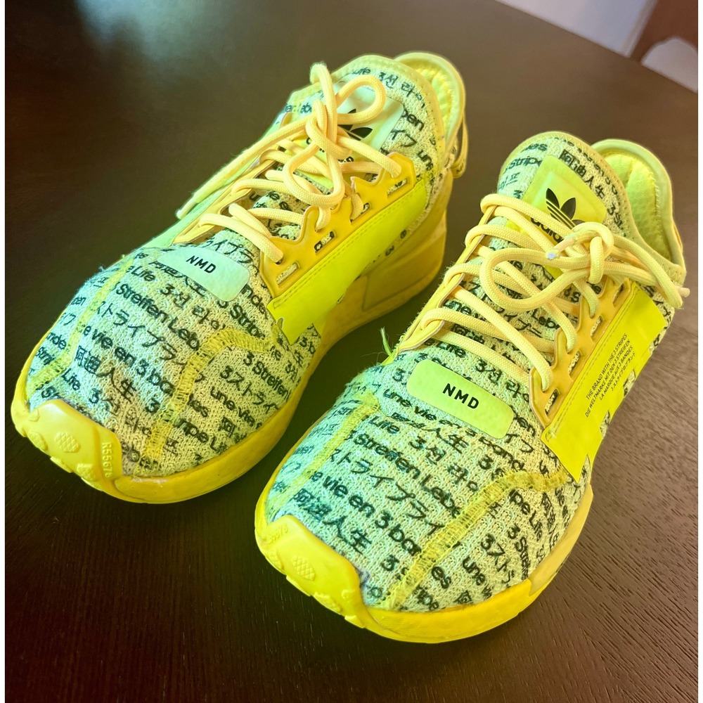 Adidas NMD R1 V2 Yellow All Over Print Multilingual Shoes Womens 8 Mens 7 FZ6231